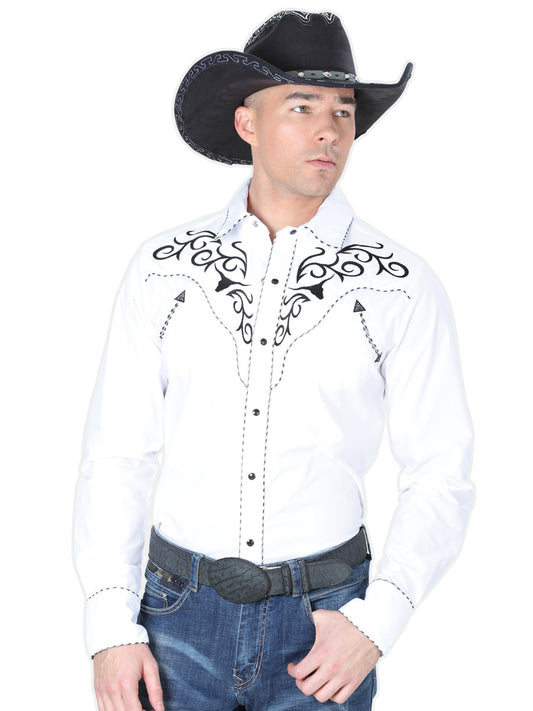 White Long Sleeve Embroidered Denim Shirt for Men 'El Señor de los Cielos' - ID: 41004 Western Shirt El Señor de los Cielos White