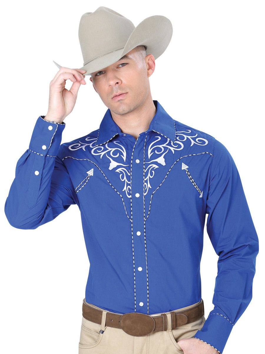 Camisa Vaquera Bordada Manga Larga Azul Rey para Hombre 'El Señor de los Cielos' - ID: 41005