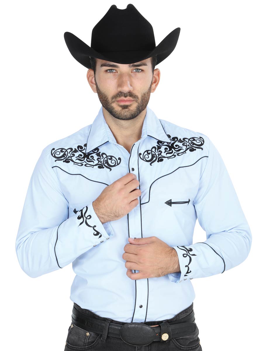 Blue Long Sleeve Embroidered Denim Shirt for Men 'El General' - ID: 41207