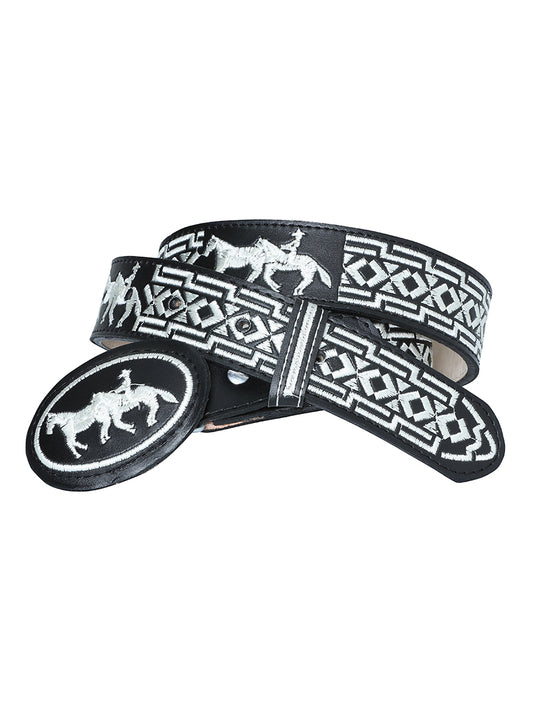 Men's Pitched Cowhide Leather Belt with Horses, 1 1/2" Wide 'El General' - ID: 41690 Embroidered Cowboy Belt El General Black