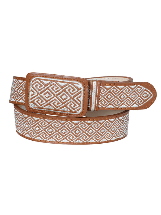 Men's Embroidered Cow Leather Belt with Diamonds, 1 1/2" Width 'El General' - ID: 41698 Embroidered Cowboy Belt El General Miel