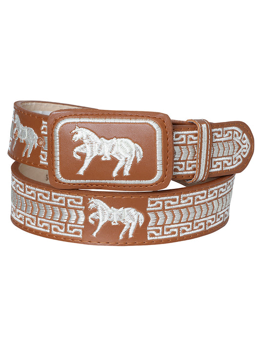 Men's Embroidered Cow Leather Belt with Horses, 1 1/2" Wide 'El General' - ID: 41699 Embroidered Cowboy Belt El General Miel