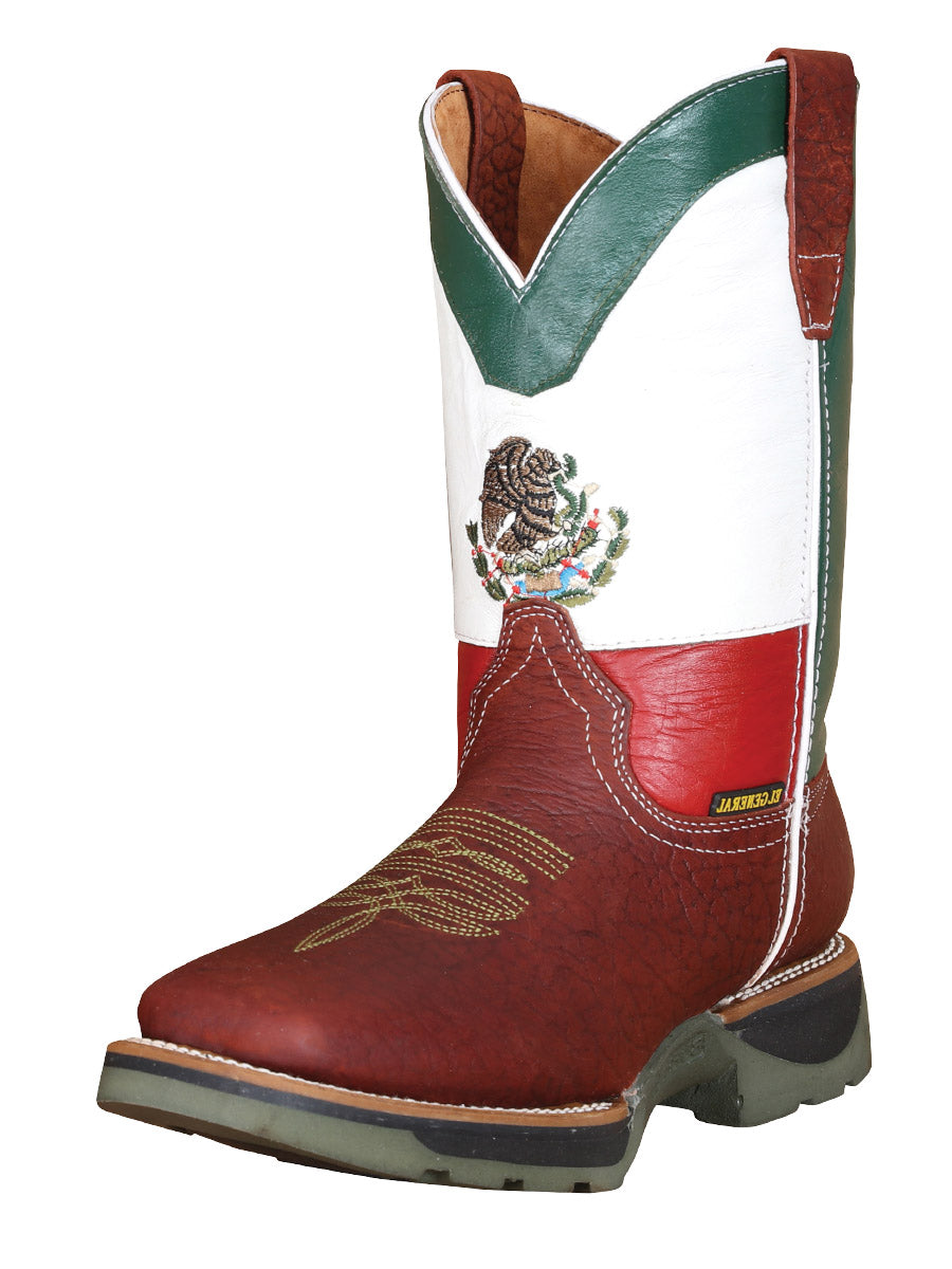 Mexico Flag Pull-On Tube Rodeo Work Boots with Genuine Leather Soft Toe for Men 'El General' - ID: 41717 Work Boots El General Brandy