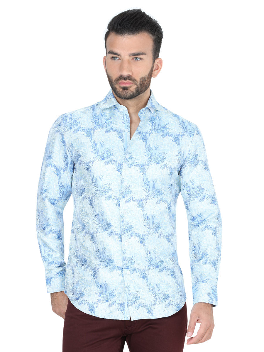 Blue / Yellow Printed Long Sleeve Casual Shirt for Men 'Centenario' - ID: 41726