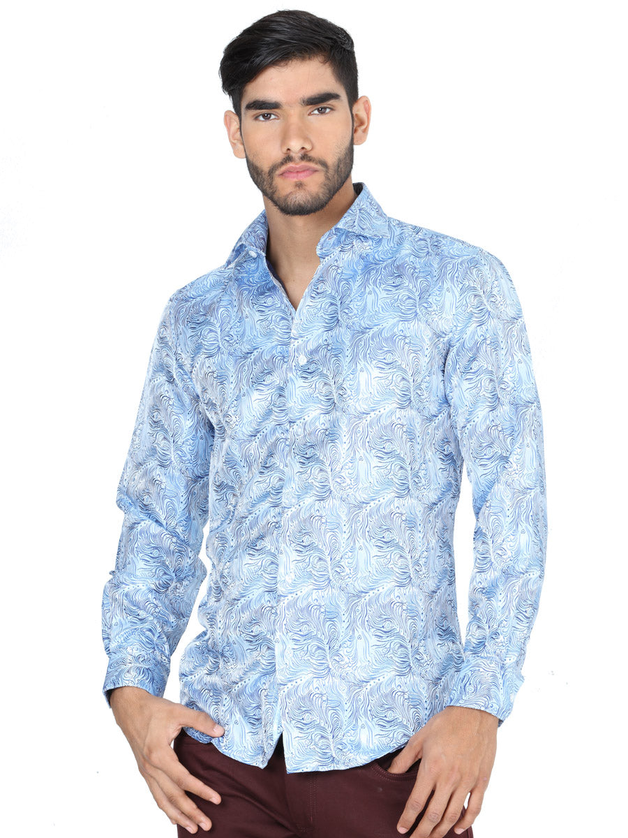 Light Blue Printed Long Sleeve Casual Shirt for Men 'Centenario' - ID: 41727