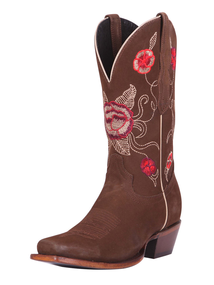 Rodeo Cowboy Boots with Embroidered Flower Nubuck Leather Tube for Women 'El General' - Women's Nubuck Leather Floral Embroidered Shaft Western Cowgirl Boots 'El General' - ID: 41784