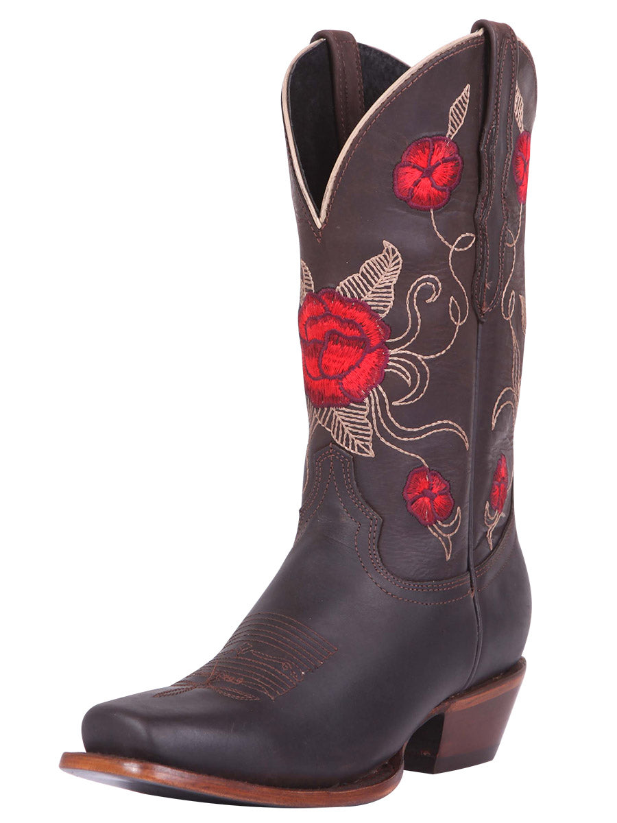 Rodeo Cowboy Boots with Genuine Leather Flowers Embroidered Tube for Women 'El General' - Women's Genuine Leather Floral Embroidered Shaft Western Cowgirl Boots 'El General' - ID: 41785