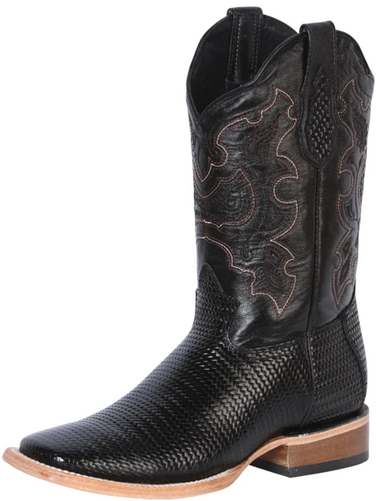 Classic Woven Engraved Leather Rodeo Cowboy Boots for Men 'El General' - ID: 41790 Cowboy Boots El General Black