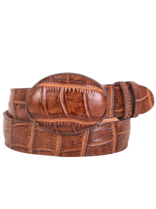 Men's Imitation Crocodile Embossed Cowhide Leather Belt with Oval Buckle, 1 1/2" Width 'El General' - ID: 41894 Imitation Cowboy Belt El General Antique