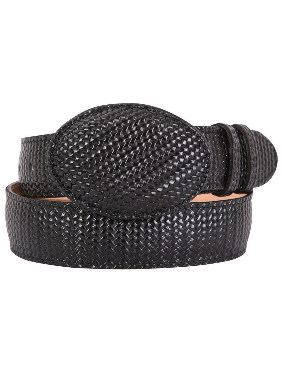 Engraved Woven Leather Cowboy Belt for Men with Oval Buckle, 1 1/2" Width 'El General' - ID: 41897