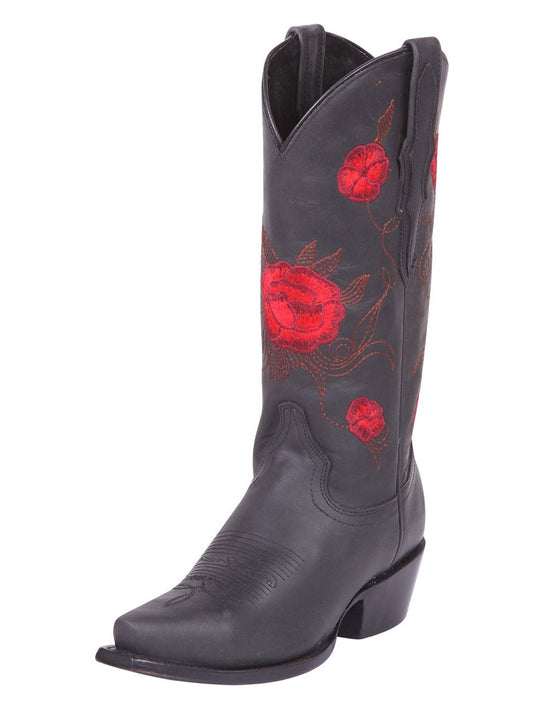 Retro Cowgirl Boots with Genuine Leather Flower Embroidered Tube for Women 'El General' - ID: 41908 Cowgirl Boots El General Black