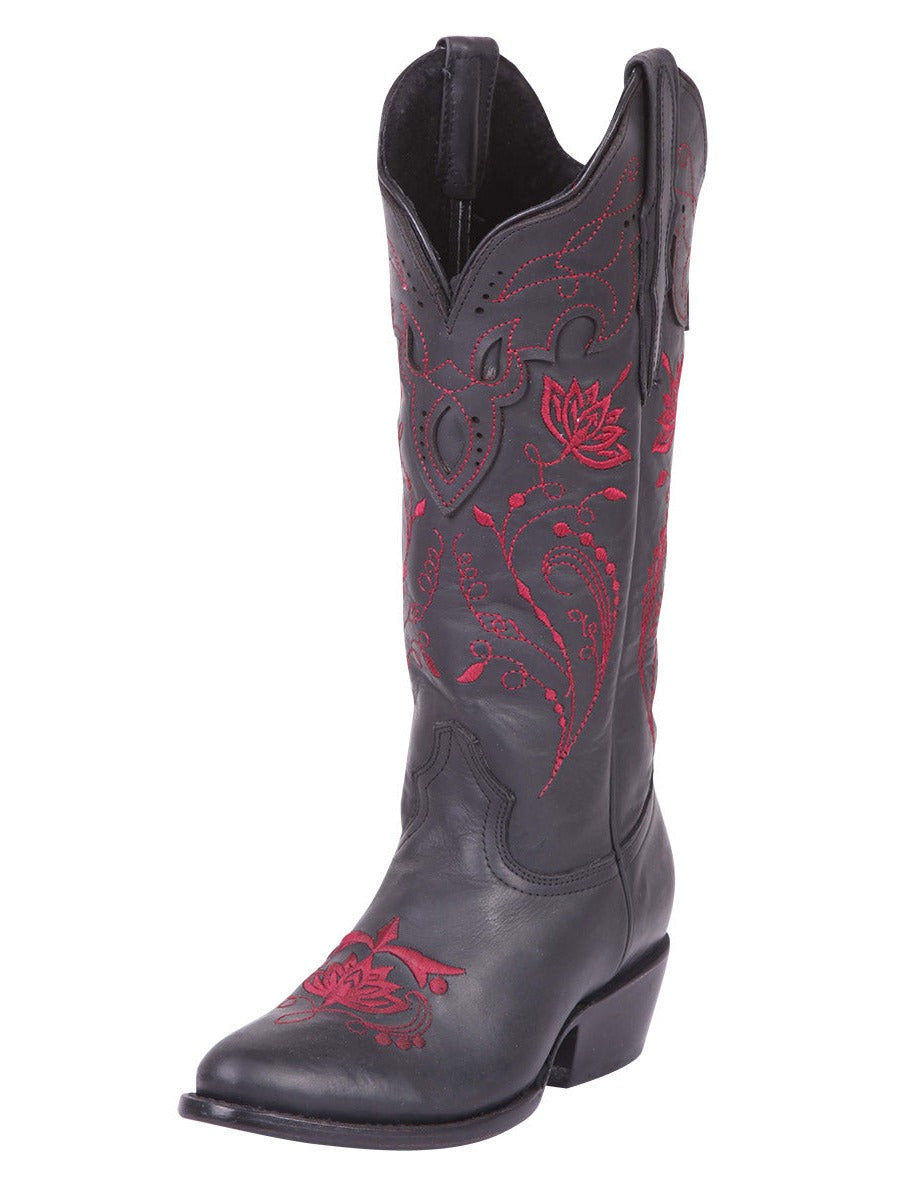 Retro Cowboy Boots with Genuine Leather Flowers Embroidered Tube for Women 'El General' - ID: 41909