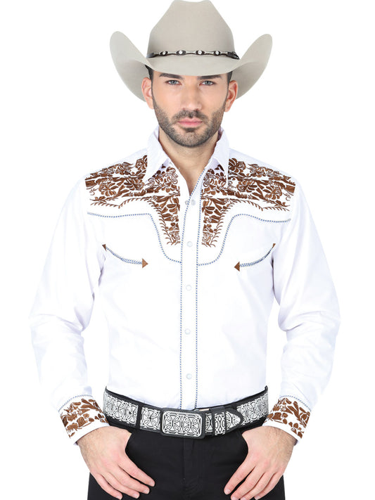 White Long Sleeve Embroidered Denim Shirt for Men 'The Lord of the Skies' - ID: 41933
