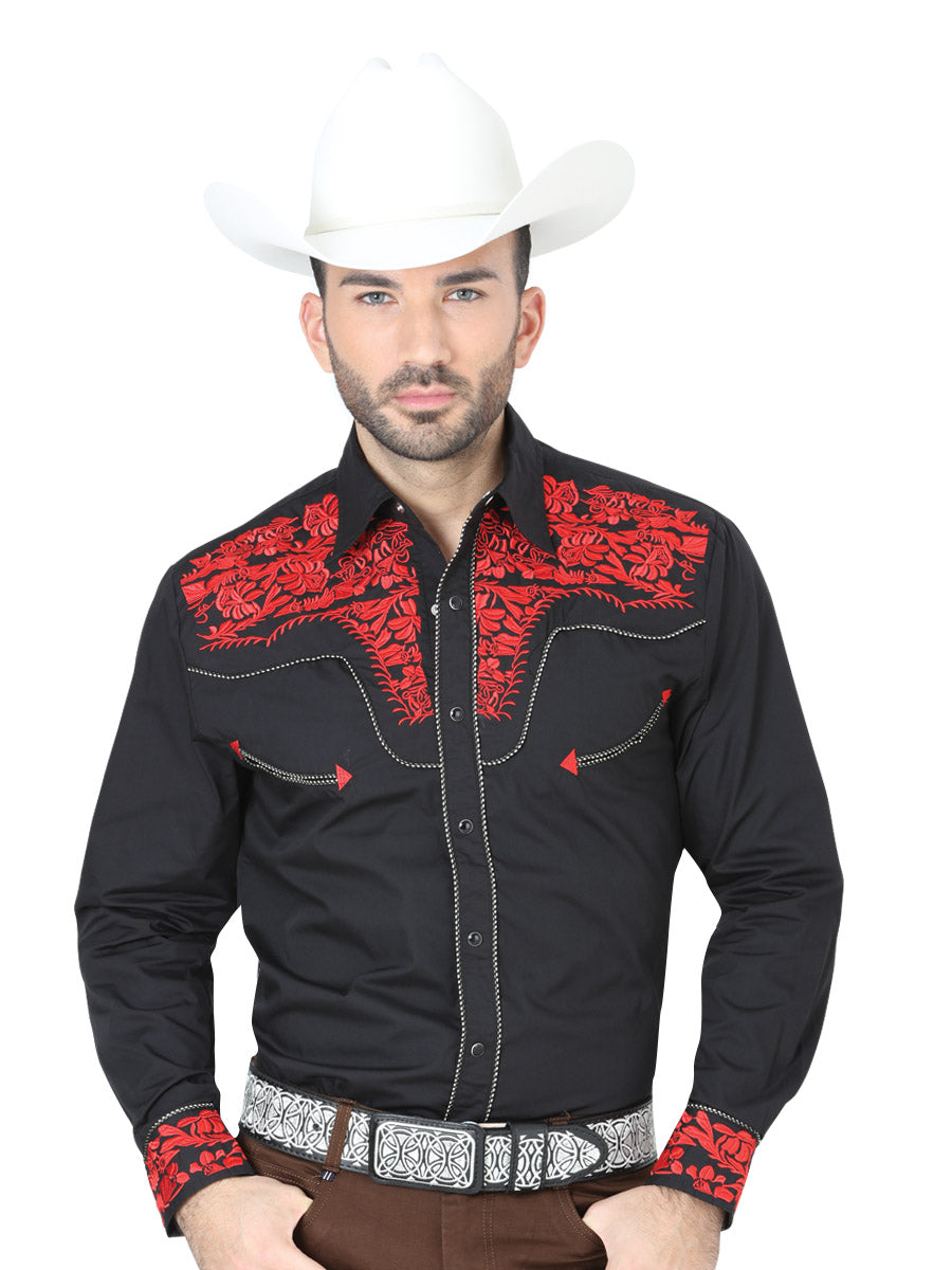 Black Long Sleeve Embroidered Denim Shirt for Men 'The Lord of the Skies' - ID: 41935