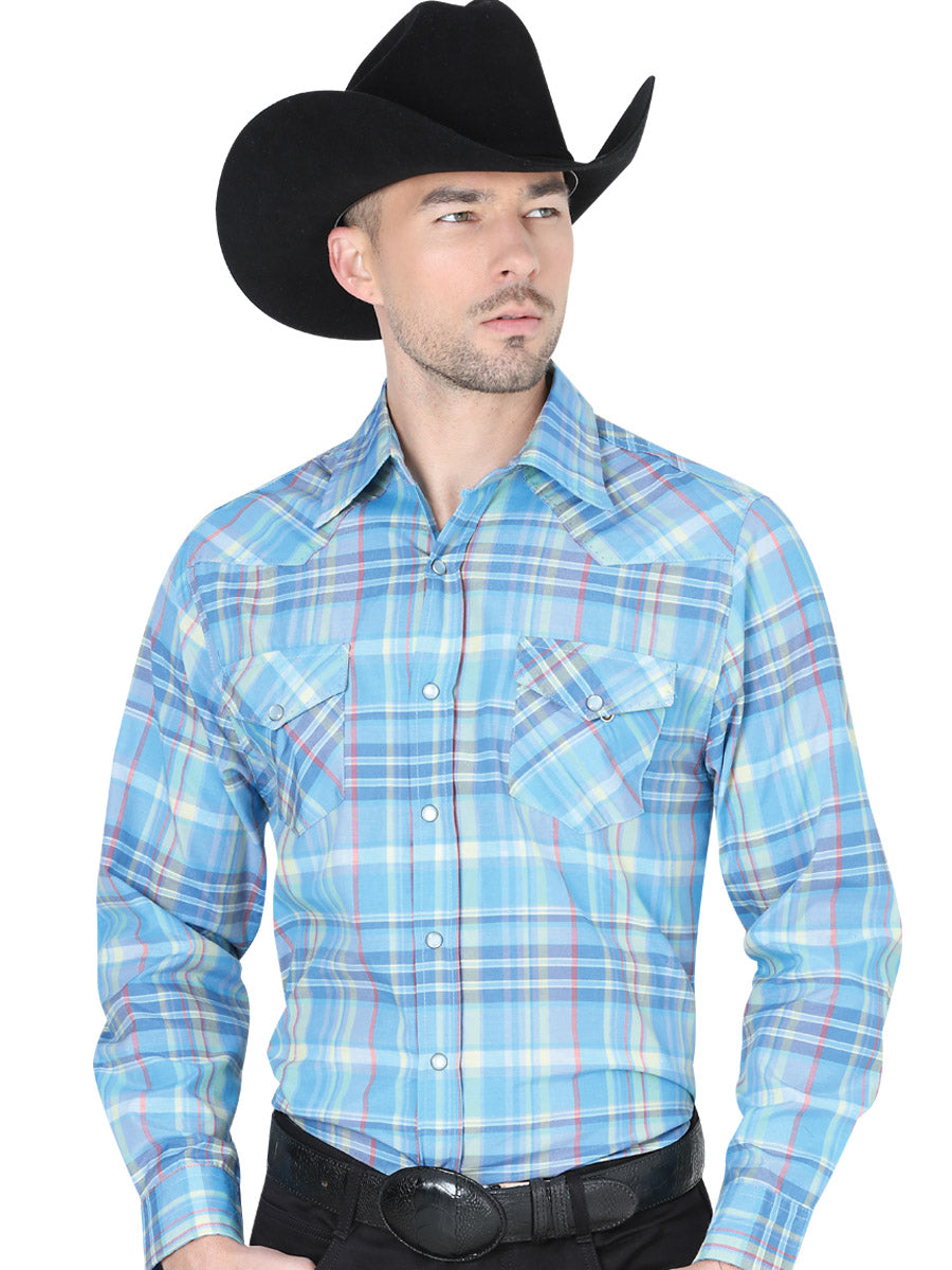Camisa Vaquera Manga Larga de Bolsillos Estampada Cuadros Azul para Hombre 'El Señor de los Cielos' - ID: 41976 Western Shirt El Señor de los Cielos Blue