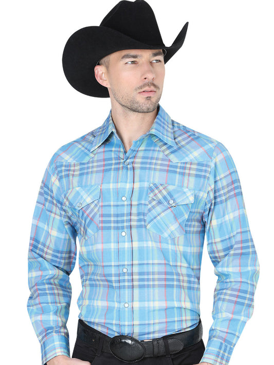 Blue Plaid Printed Long Sleeve Denim Shirt with Pockets for Men 'El Señor de los Cielos' - ID: 41976 Western Shirt El Señor de los Cielos Blue