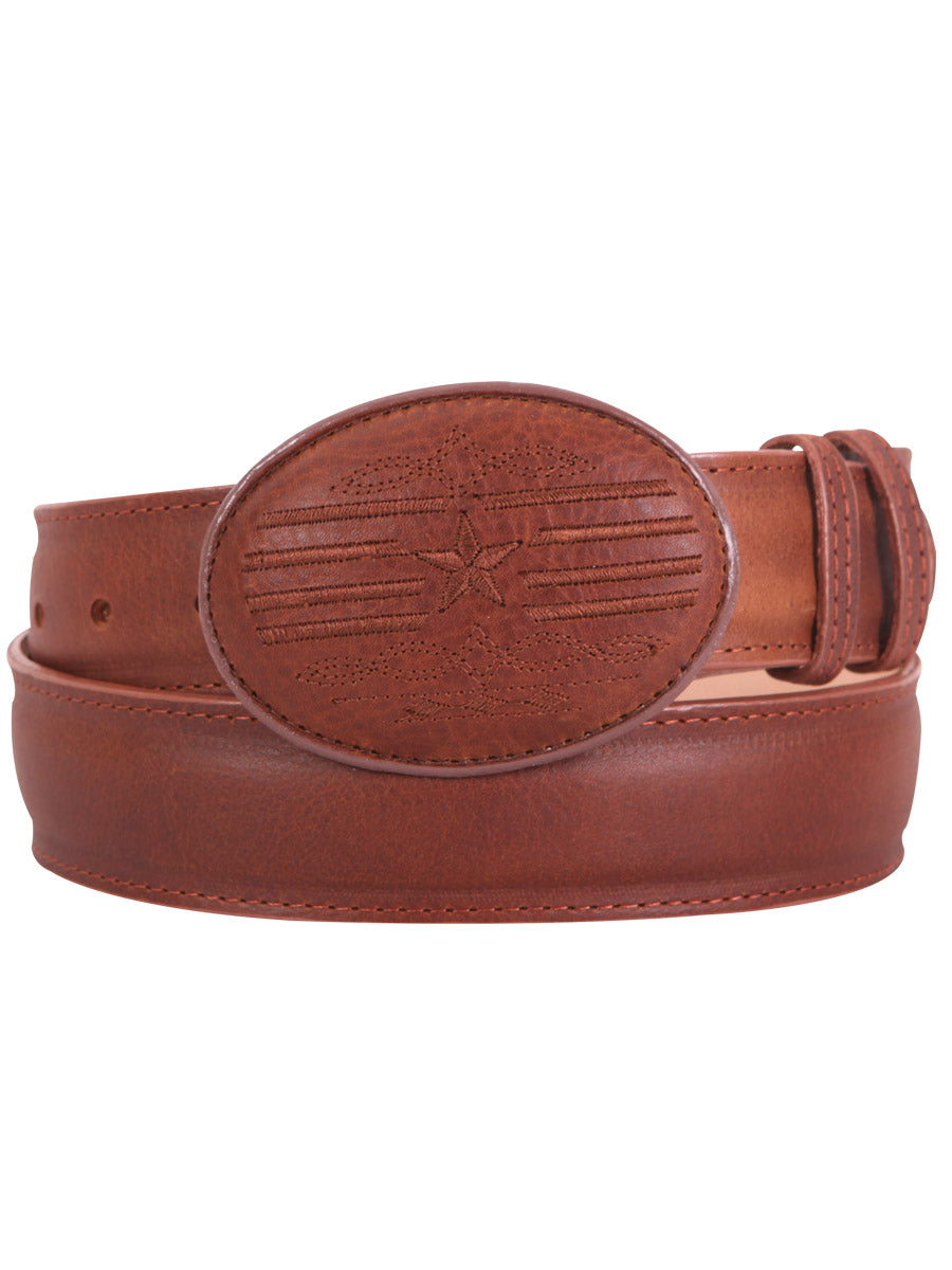 Genuine Leather Cowboy Belt for Men with Oval Buckle, 1 1/2" Width 'El General' - ID: 41995