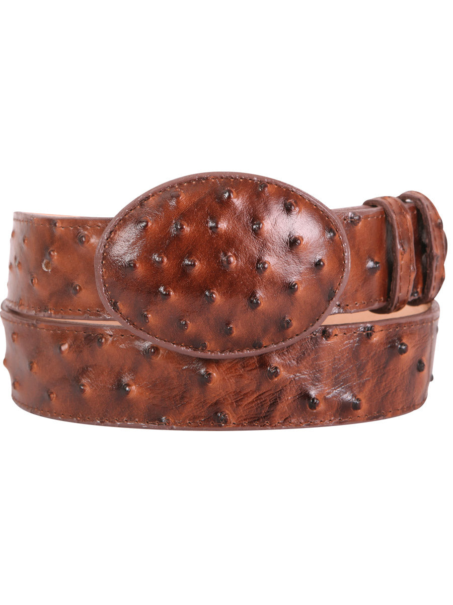 Imitation Ostrich Cowboy Belt Engraved in Cowhide Leather for Men with Oval Buckle, 1 1/2" Width 'El General' - ID: 42005 Imitation Cowboy Belt El General Cognac