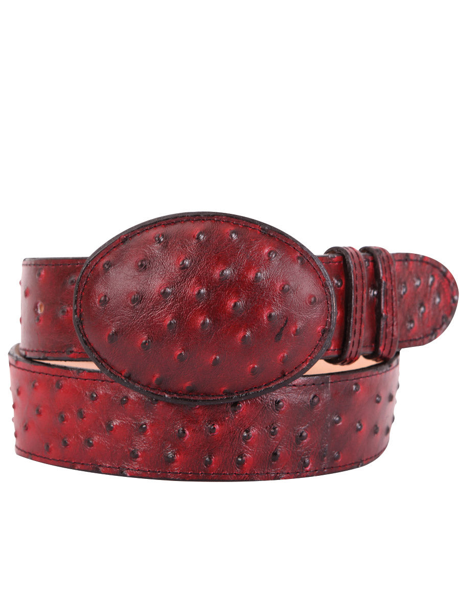 Imitation Ostrich Cowboy Belt Engraved in Cowhide Leather for Men with Oval Buckle, 1 1/2" Width 'El General' - ID: 42006 Imitation Cowboy Belt El General Cherry