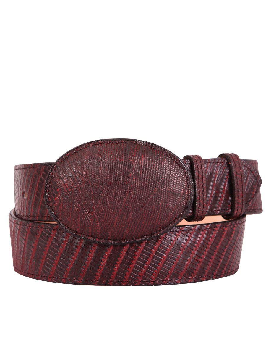Imitation Lizard Cowboy Belt Engraved in Cowhide Leather for Men with Oval Buckle, 1 1/2" Width 'El General' - ID: 42008 Imitation Cowboy Belt El General Vino