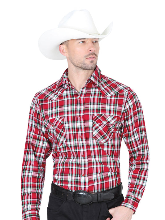 Long Sleeve Denim Shirt Printed Red / White Squares for Men 'The Lord of the Skies' - ID: 42045