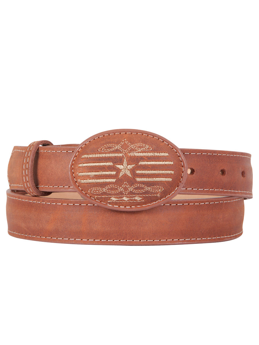Men's Genuine Leather Cowboy Belt with Oval Buckle, 1 1/2" Wide 'The Red Rose of Texas' - ID: 42220 Cowboy Belt The Red Rose of Texas Shedron