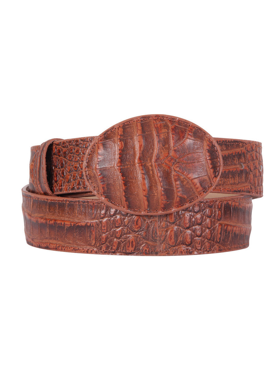 Imitation Caiman Engraved Cow Leather Cowboy Belt for Men with Oval Buckle, 1 1/2" Width 'El General' - ID: 42225