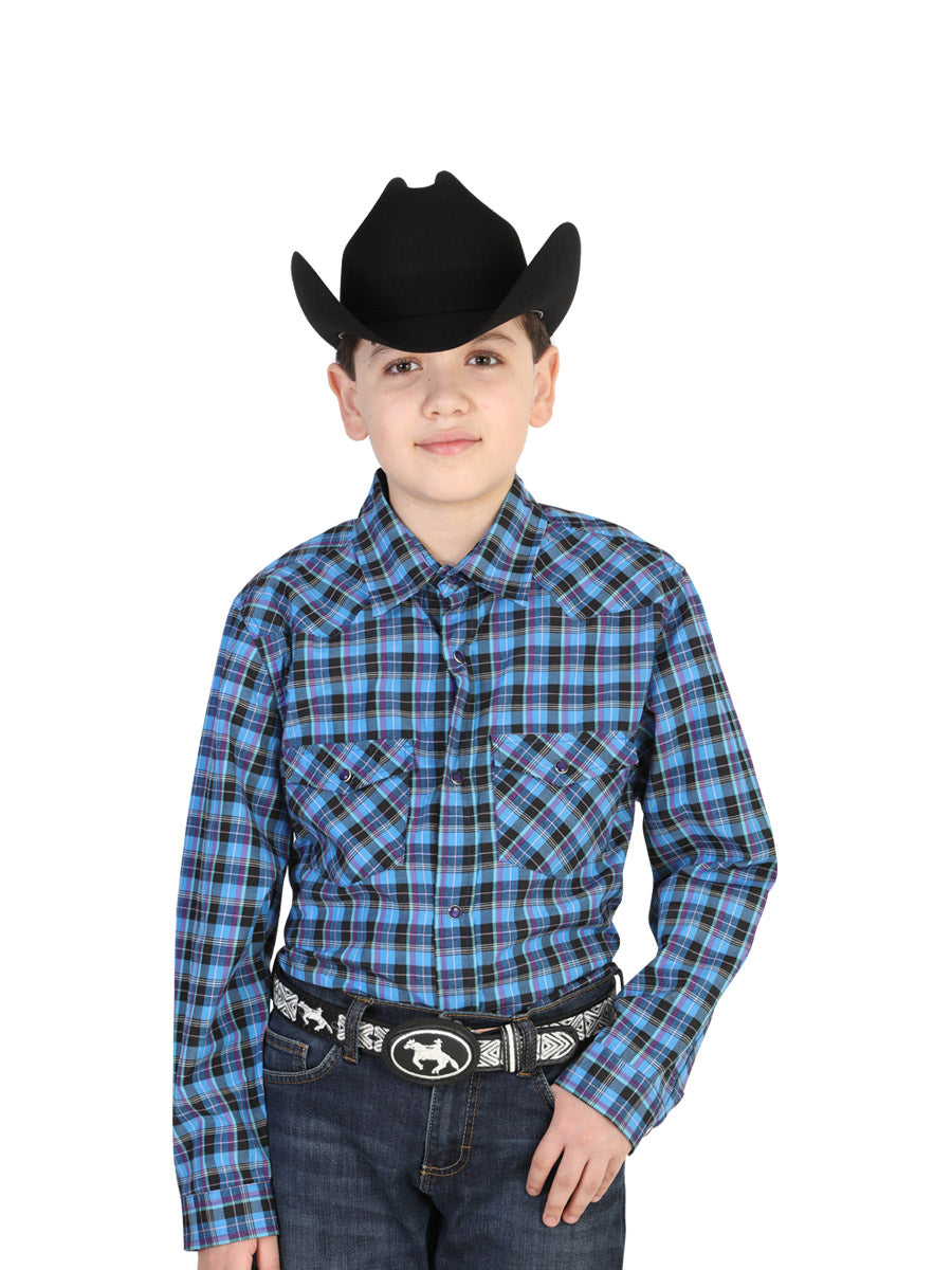 Camisa Vaquera Manga Larga de Bolsillos Estampada Cuadros Azul Rey para Niños 'El General' - ID: 42320 Western Shirt El General 