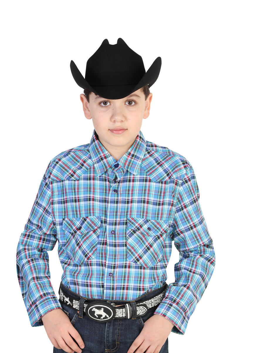 Long Sleeve Denim Shirt with Blue Green Checkered Pockets for Boys El General ID 42321