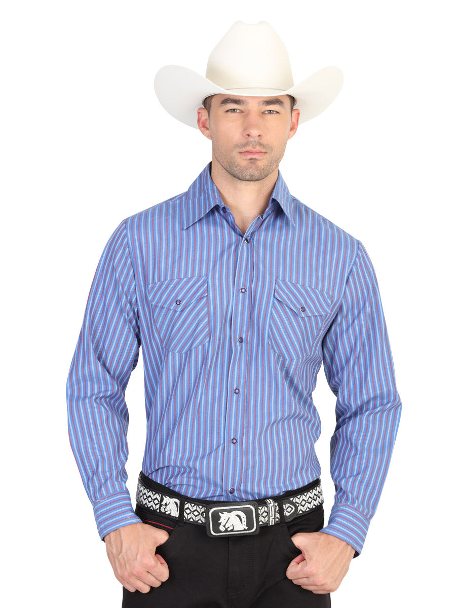 Blue Striped Printed Long Sleeve Denim Shirt with Pockets for Men 'El Señor de los Cielos' - ID: 42323 Western Shirt El Señor de los Cielos Blue