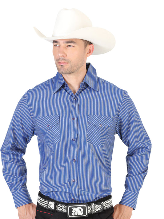 Camisa Vaquera Manga Larga de Bolsillos Estampada Rayas Azul Marino para Hombre 'El Señor de los Cielos' - ID: 42325