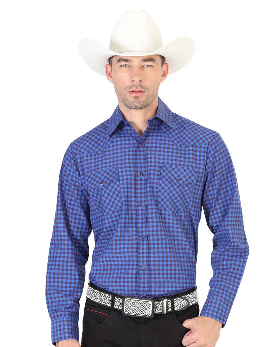 Camisa Vaquera Manga Larga Estampada Azul Marino para Hombre 'El General' - ID: 42328 Western Shirt El General Navy Blue