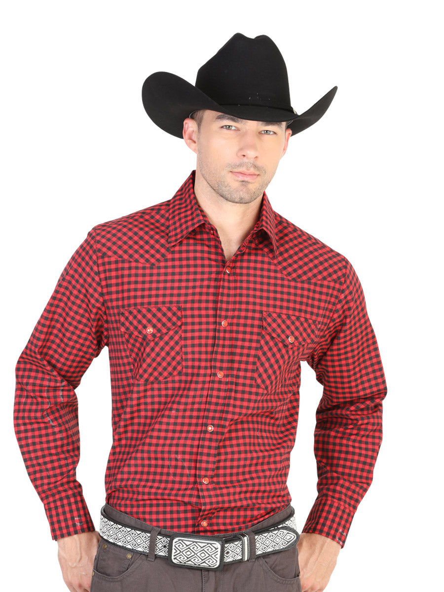 Red Printed Long Sleeve Denim Shirt for Men 'El General' - ID: 42331 Western Shirt El General Red