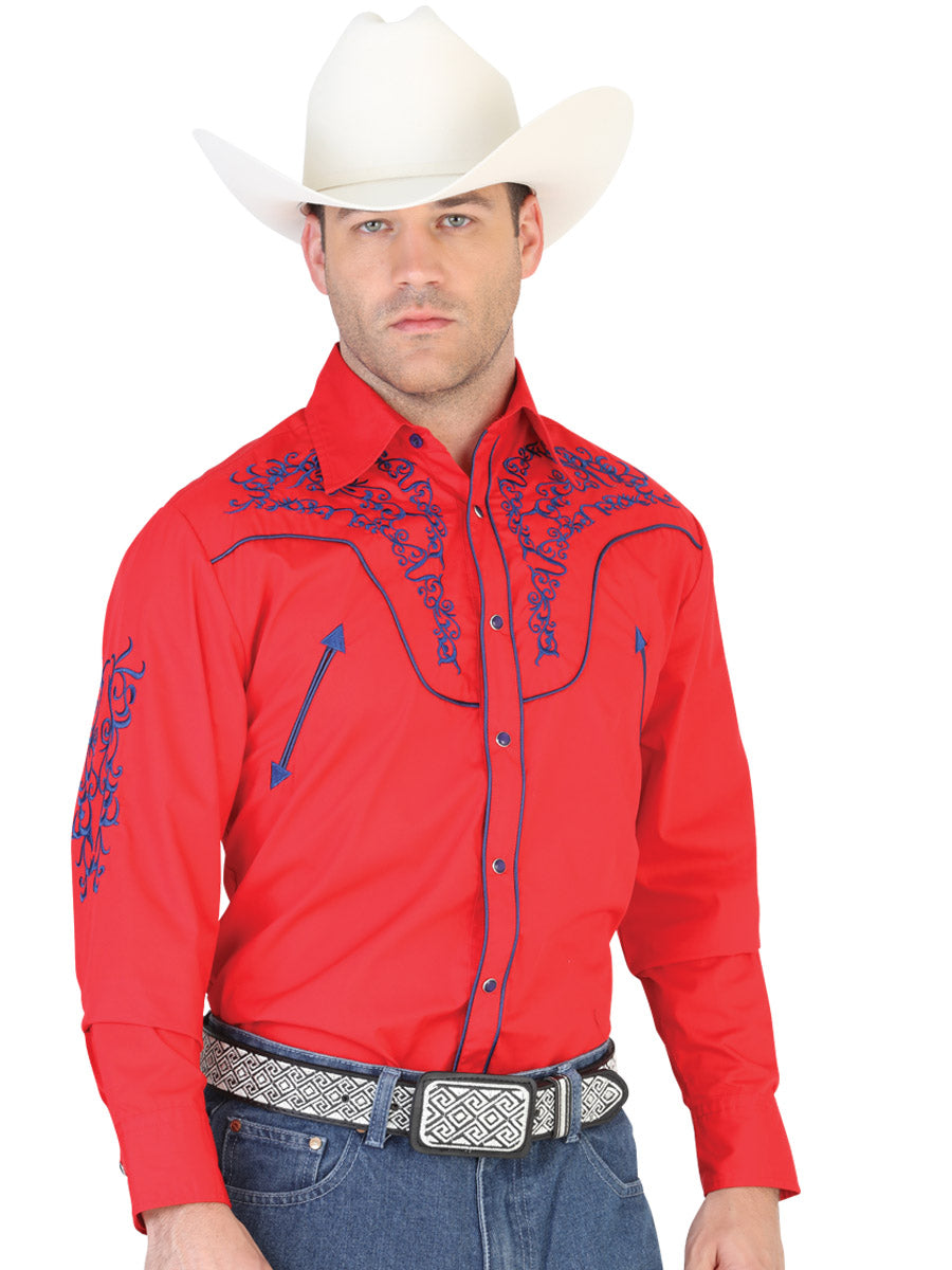 Red Long Sleeve Embroidered Denim Shirt for Men 'El General' - ID: 42340 Western Shirt El General Red