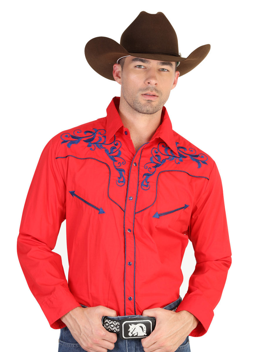 Red Long Sleeve Embroidered Denim Shirt for Men 'The Lord of the Skies' - ID: 42345