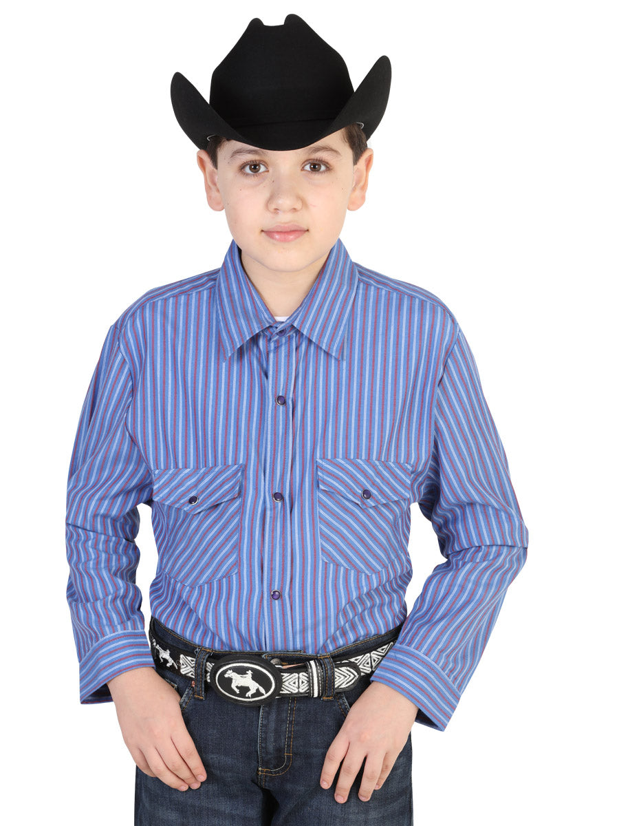 Blue Striped Printed Long Sleeve Denim Shirt with Pockets for Children 'El General' - ID: 42453 Western Shirt El General Blue