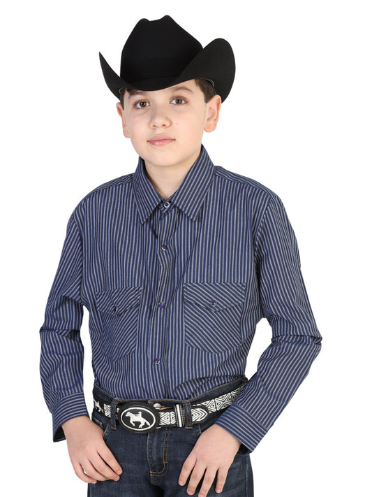 Brown Striped Printed Long Sleeve Denim Shirt with Pockets for Children 'El General' - ID: 42454 Western Shirt El General Brown