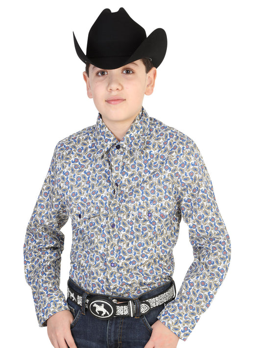 White/Blue Paisley Printed Long Sleeve Denim Shirt for Boys 'El General' - ID: 42459