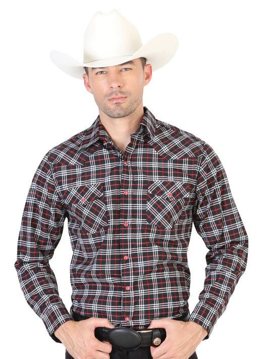 Men's Black Checkered Printed Long Sleeve Denim Shirt with Pockets 'El Señor de los Cielos' - ID: 42464 Western Shirt El Señor de los Cielos Black