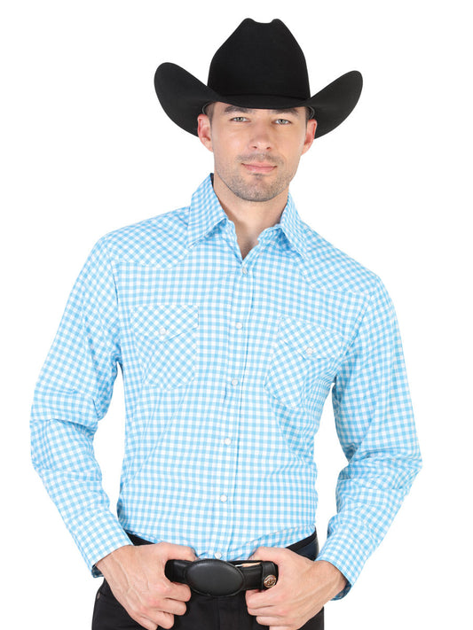 Blue Checkered Printed Long Sleeve Denim Shirt for Men 'El General' - ID: 42470 Western Shirt El General Blue