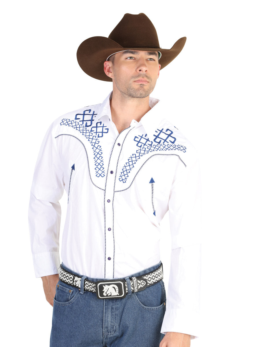White Long Sleeve Embroidered Denim Shirt for Men 'The Lord of the Skies' - ID: 42473