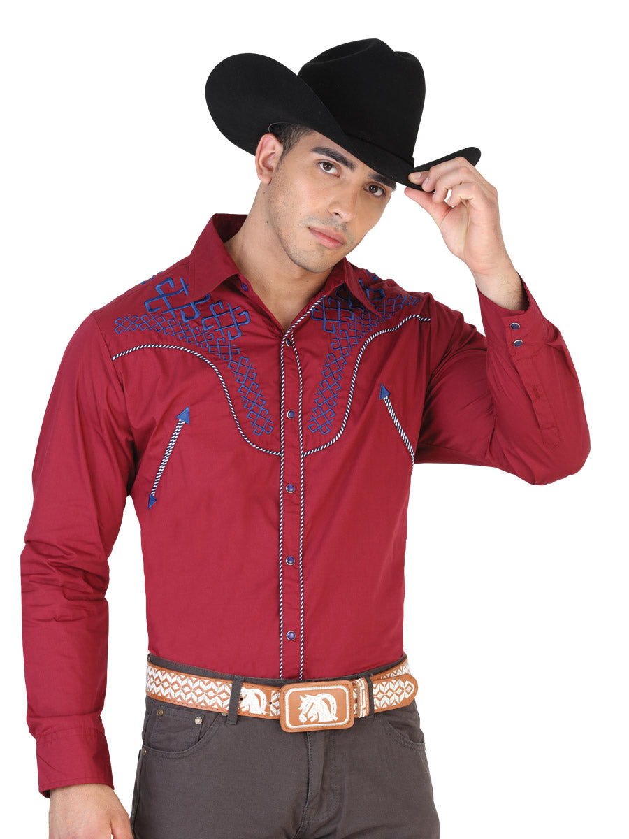 Embroidered Long Sleeve Burgandy Denim Shirt for Men 'The Lord of the Skies' - ID: 42475