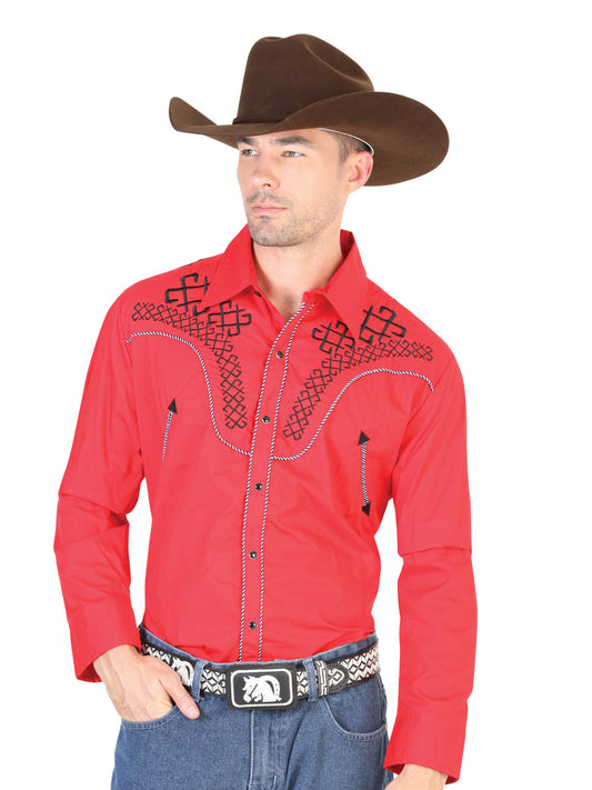 Red Long Sleeve Embroidered Denim Shirt for Men 'The Lord of the Skies' - ID: 42476