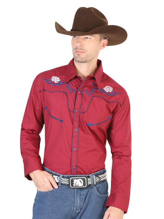 Embroidered Long Sleeve Burgandy Denim Shirt for Men 'The Lord of the Skies' - ID: 42482