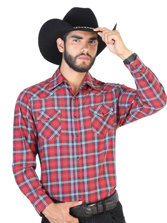 Long Sleeve Denim Shirt with Pockets Printed Red Squares for Men 'The Lord of the Skies' - ID: 42483