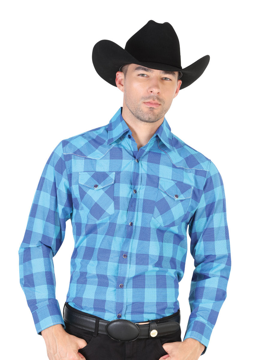 Blue Plaid Printed Long Sleeve Denim Shirt with Pockets for Men 'El Señor de los Cielos' - ID: 42484 Western Shirt El Señor de los Cielos Blue