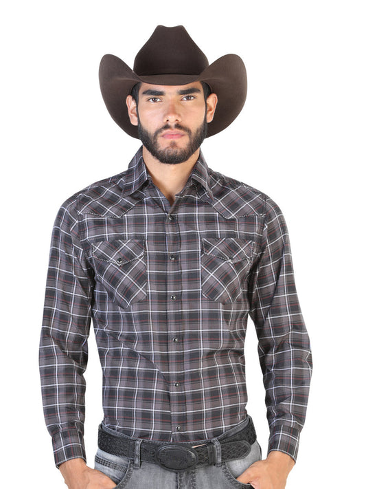Men's Black Checkered Printed Long Sleeve Denim Shirt with Pockets 'El Señor de los Cielos' - ID: 42485 Western Shirt El Señor de los Cielos Black