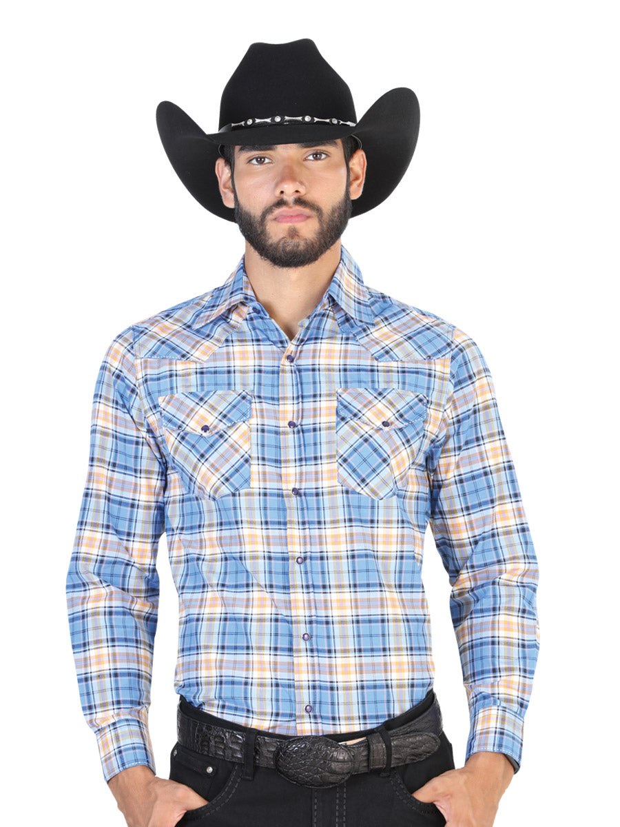 Blue Plaid Printed Long Sleeve Denim Shirt with Pockets for Men 'El Señor de los Cielos' - ID: 42486 Western Shirt El Señor de los Cielos Blue