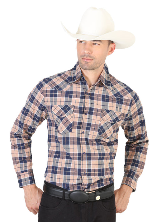 Long Sleeve Denim Shirt Printed Mustard Squares for Men 'El General' - ID: 42489