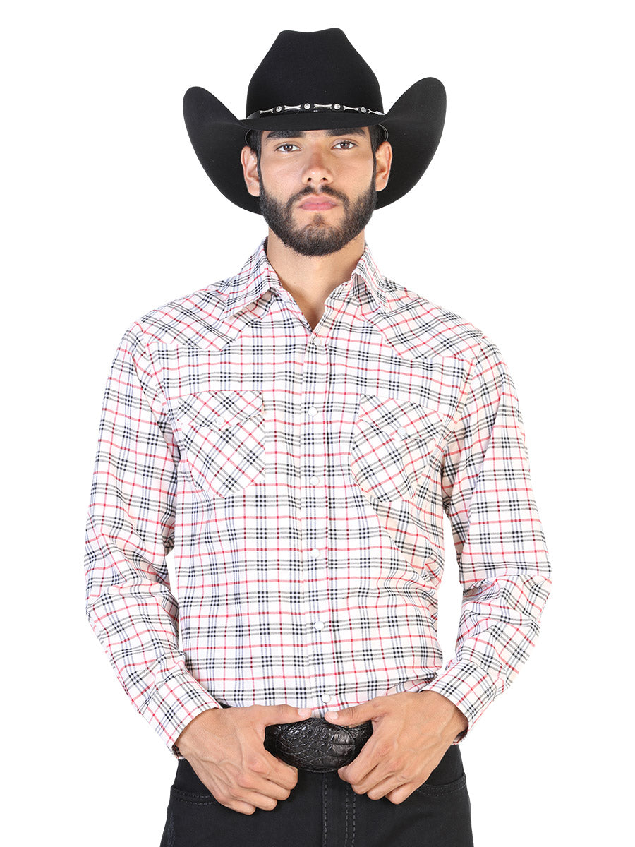 Beige Checkered Printed Long Sleeve Denim Shirt for Men 'El General' - ID: 42502 Western Shirt El General Beige